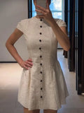 MQTIME  -  Off White Round Neck Cap Sleeve Button Front Mini Dress Elegant Textured Fit Skater Gown Summer Daily Office Casual Outfits