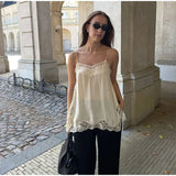 MQTIME  -  Solid Lace Patchwork Sling Tops Lady Casual Sleeveless V Neck Chic Loose Backless Short Vest Summer Vacation Street Wear