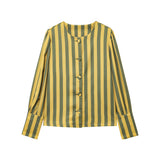 MQTIME  -  Autumn New Female Chic Blouse Women's Loose Fit Striped Print Shirt O-neck Puff Sleeve Single Breasted Simple Casual Top