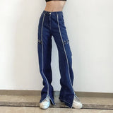 MQTIME  -  Blue Denim Trousers Women Harajuku Sexy Bandage Hollow Out Jeans Pants Patchwork Split Street Aesthetic Capris Full Length 2024