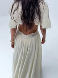  MQTIME  -  Women Casual Dresses Deep V Lace Waist Cutout Maxi Dress Puff Sleeve Flowy Skirt Bohemian Daily Outfit Summer Wear Woman Clothes