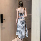 MQTIME  -  2024 Summer New Design Sensation Chinese Ink Painting New Chinese Swinging Neck Suspended Strap Open Back Style Dress Cardigan