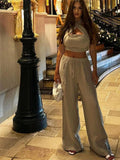 MQTIME  -  Casual Halter Tank Top Pants Set Women Sexy Sleveless Backless Cropped Top Drawstring Wide Leg Trouser 2024 Summer Women's Suit