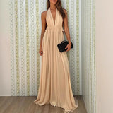  MQTIME  -  Fashion Full Length Party Dress Luxury Women High Waist Evening Dress Elegant V Neck Mesh Backless Evening Dress