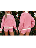  MQTIME  -  Women s Cozy Striped Lounge Set with Relaxed Fit Crew Neck Top and Matching Shorts - 2 Piece Casual Outfit for Stylish Comfort