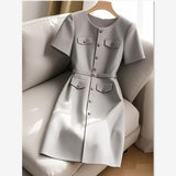 MQTIME  -  Elegant Women Formal Party Midi Dress Summer New Fashion Short Sleeve Single Breasted Office Lady A-Line Dresses with Belt 305B