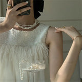 MQTIME  -  Summer New French Small Fragrance Style Paired Feather Sleeveless Doll Shirt Female Round Neck Short White Tank Top Women Trendy
