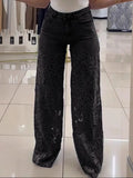 MQTIME  -  Plus Size Women's Stretch Denim Jeans With Cut-Out Lace Splicing Summer New High Waist Wide Pants Elegant Female Chic Trousers