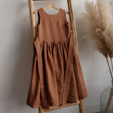 MQTIME  -  Vintage Cotton Linen Girls Sleeveless Dress Chic Open Back Buttons Bandage Bow Sweet Loose Wending Evening Party Dresses