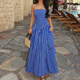 MQTIME  -  Ladies Casual Pleated Pocket Beach Dresses New Striped Print Swing Long Dress Sexy Strapless Hollow Out Women's Holiday Dress