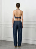  MQTIME  -  Women Dark Denim 2 Piece Set Halter V Neck Rivet Trim Draped Cowl Top High Waist Wide Leg Pleated Long Trousers Matching Outfit