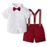 MQTIME  -  4Piece Summer Kids Clothes Boys Korean Fashion Gentleman Cotton Short Sleeve Baby Tops+Shorts+Tie+Straps Children's Sets B012