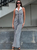  MQTIME  -  Zipper Plaid Loose Jumpsuits Women Fashion Turn-down Collar Halter Backless One Piece Jumpsuit Casual Straight Rompers