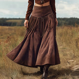 MQTIME  -  New Ethnic Elegant Solid Tassel Slim Fit Midi Skirt Brown Wide Hem Long Skirt Party Evening Dresses Versatile  Female Clothing