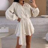 MQTIME  -  Women Temperament Lantern Sleeve Cocktail Club Dress Elegant Lady Belt Mini Party Dress 2025 Show Style Solid Color Ruffle Dress