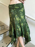 MQTIME  -  Mori Girl Style Low Waist Flower Print Irregular Vintage Folds High Strecth Skirts