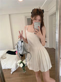 MQTIME  -  Pleaded White Dress Women A-line Summer Fashion Camisole Dress Korean Style Kawaii High Wasit Chic Vestidos 2024 Solid