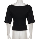  MQTIME  -  Women's Elegant Black Cold Shoulder Top with Draped Neckline Ruched Waist Short Flared Sleeves Casual & Chic Crop Clothes