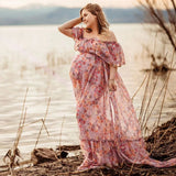 MQTIME  -  Fall Outfits 2024 Bohemian Photo Shooting Pregnancy Dress Printed Chiffon Off Shoulder Two-Piece Dress Maternity Dresses For Baby Showers