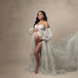 MQTIME  -  Floral Bridal Maternity Dresses With Sleeve Sexy Slit Puffy Custom Made Women Flower Pattern A Line Party Dresses Pregnant Gown