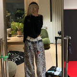  MQTIME  -  Leopard Print Jeans Women Loose Straight Wide Leg Mopping Trousers Baggy Jeans