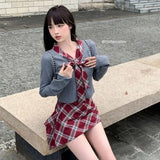 MQTIME  -  Sweet Hot Girl College Style Suit Women's Autumn Lace-up Patchwork Sweater Plaid Pleated Skirt Two-piece Set Female Clothes