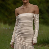 MQTIME  -  Female Backless Hollow Mesh Maxi Dress Spring Summer Holiday Boho Long Dress Women Sexy Off Shoulder Solid Pleated Evening Dress