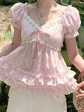 MQTIME  -  Sweet Temperament Flower Print V Neck Puff Sleeve Bow Ruffles Bandage Women Blouse
