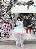 MQTIME  -  Sweet Lolita French Puff Sleeve Lace Bow Ruffle Tiered High Low Hem Tulle Dress Women Girls Graduation Party Evening Formal Wear