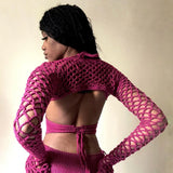 MQTIME  - 2024 Spring Solid Crochet Knitted Hollow Out Jumpsuit Women Long Sleeve Cape Strapless Lace Up Halter Backless Casual Overalls