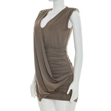 MQTIME  -  Drape Patchwork Ruched Bodycon Mini Dress Women Sexy V Neck Sleeveless Wrap Hip Slim Party Clubwear Casual Streetwear Vestidos