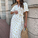 MQTIME  -  2024 Casual Bubble Short Sleeve Bohemian Dress Elegant Floral Print Lace-up Waist Long Dress Women Sexy Deep V-neck Party Dress