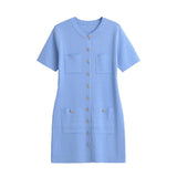 MQTIME  -  Gold Button Pocket Knitted Short Dresses Solid Color Round Neck French Simple Slimming Fashion Single Breasted Straight Dress