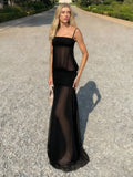 MQTIME  -  Sexy Spaghetti Strap Solid Color Sleeveless Mesh Patchwork Dress Women Slim See-Through Party Beach Holiday Long Dress