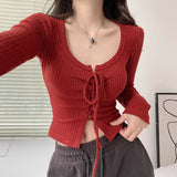 Mqtime Sweet Fashion Knitted Sweater Women Spring Fall Long Sleeve Lace Up Crop Top Korean Style Elegant Slim Pullover Tops Y2k Clothes