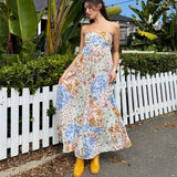 MQTIME  -  Women Casual Strapless Dress Summer Boho Floral Print Tie up Backless Long A-Line Dress for Party Beach Streetwear