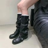 MQTIME  -  Women's Mid Calf Boots Fashion Stack Slouch Boots Punk Style Soft Leather Casual Shoes for Woman Designer Shoes Botas Mujer