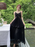 MQTIME  -  Beach Holiday Pink Backless Neck-mounted Long Dresses Summer French Hepburn Pressure Pleated Big Swing Casual Female Clothing