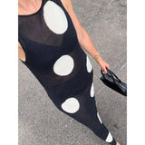  MQTIME  -  Autumn Women's Elegant Knitted Polka Dot Printed Midi Dress Round Neck Sleeveless Slim Fit Women's Casual Retro Long Vest Dress