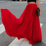 MQTIME  -  Women's Fashion High Waist Big Swing Maxi Skirts Vintage Bohemian Solid Color Pleated Long Skirt Female Holiday Beach Wear