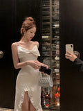 MQTIME  -  Woman Dress Elegant Bowknot Irregular Ruffles V Neck Sleeveless Splir Slim Mermaid Dresses Party Cocktail Temperament