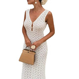 MQTIME  -  Solid Color Hollow Knitted Beach Vacation Dress Elegant Sleeveless Skinny Cover-up Dress Women Sexy Perspective Swimwear Dress