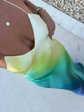MQTIME  -  Women's Summer Boho Cami Long Dress Gradient Color Spaghetti Strap V-Neck Backless Beachwear Party Maxi Sundress