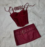 MQTIME  -  Y2K Suspender Leather Short Skirt Two Piece Set Feminine Lace Personalized Design Punk Motorcycle Style Mini Leather Skirt Suit