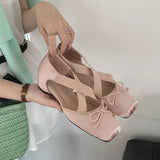 MQTIME  -  Women's Elegant Pink Satin Ballet Shoes Square Toe Cross Strap Polka Dot Bow Mary Jane Shoes Inside Mid Heel Casual Pumps
