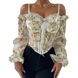 MQTIME  -  Floral Print Lace Trim Cold Shoulder Corset Top with Long Sleeves - Stylish Clubwear for Women s Street Style Fashion