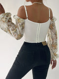 MQTIME  -  Floral Print Lace Trim Cold Shoulder Corset Top with Long Sleeves - Stylish Clubwear for Women s Street Style Fashion