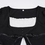  MQTIME  -  French Sweet Patchwork Contrast Color Fake Two Piece Slim Square Collar Long Sleeve Slim T-Shirts