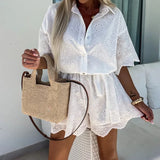 MQTIME  -  New Summer White Casual Lapel Shorts Playsuits Sexy Lace Embroidered Hollow Shirt Jumpsuit Ladies Fashion Lace Up Holiday Romper