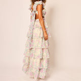 MQTIME  -  Women Summer Floral Print Ruched Bust Sleeveless V-Neck Ruffle Layered Lace-up Backless Flowy A-Line Long Cake Dress